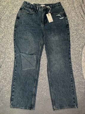 Good American '90s Duster Straight Leg Jeans with Patch & Distress size 10/30
